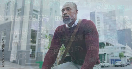 Animation of financial data processing over businessman on bike in city