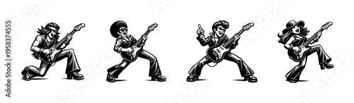 Retro rock guitarists black and white vector illustration silhouette