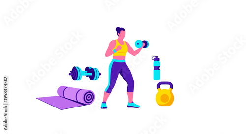 Woman exercising with dumbbells and kettlebell.