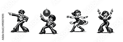 Retro dance silhouette vector illustration with disco ball and dancing characters in 1970s style