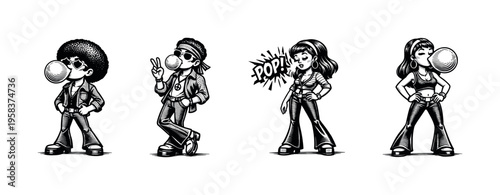 Retro black and white illustration of stylish characters chewing gum in vintage attire