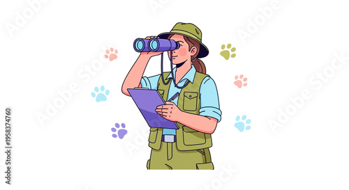 Woman Explorer Observing Wildlife with Binoculars and Clipboard.