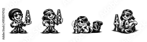 Retro cartoon characters with lava lamps black and white vector illustration
