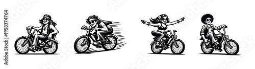 Black and white vector illustration of four people riding bicycles in dynamic poses