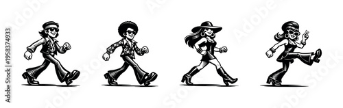 Retro 1970s walk cycle illustration, black and white vector silhouette