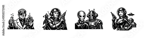 Retro sci-fi characters illustration, featuring scientist, astronaut, alien, robot, female explorer, black and white