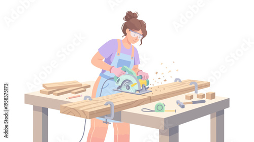 Woman Carpenter Using Circular Saw on Wood.