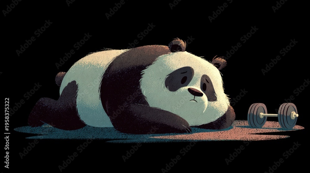 Fototapeta premium Panda rests beside a small dumbbell