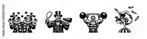 Vintage circus performers vector illustration featuring clowns and strongman in black and white silhouette
