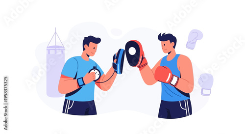 Two men training boxing with focus mitts and punching bag.