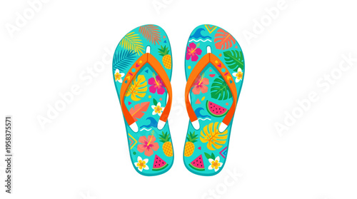 Vibrant Tropical Flip Flops with Floral and Fruit Designs.