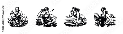 Vector illustration of lifeguards in action with surfboards and binoculars in black and white silhouette