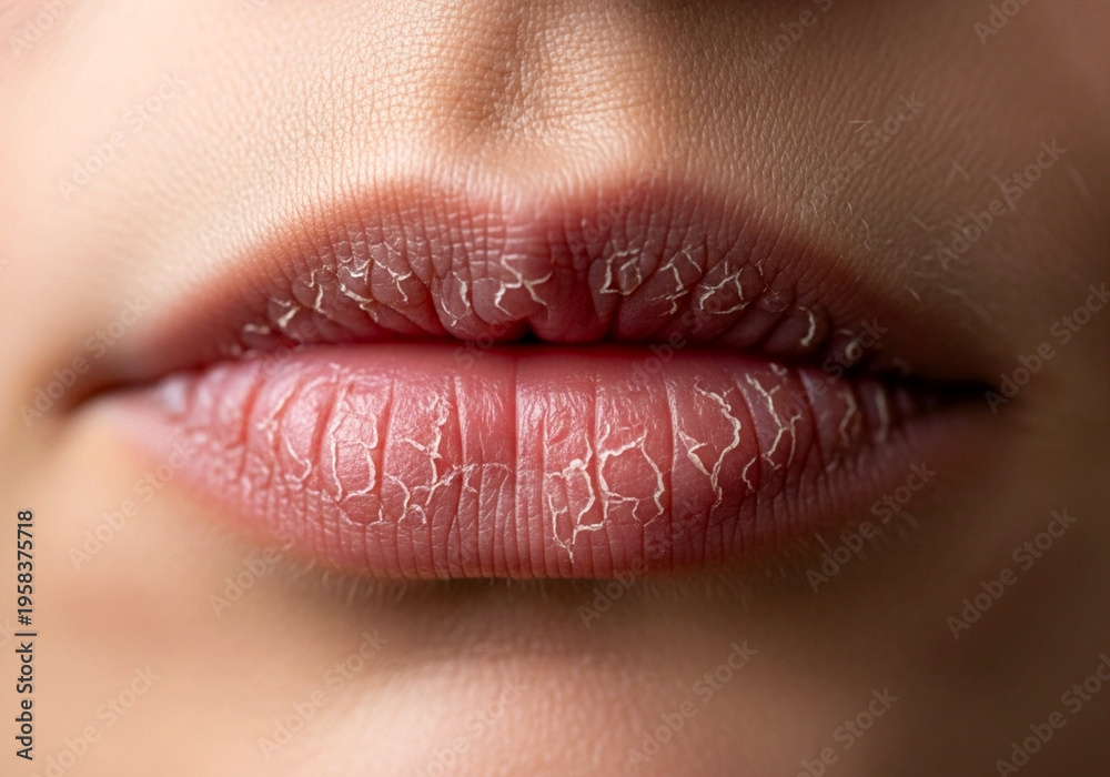 Fototapeta premium Macro shot of dry chapped lips with visible cracks, highlighting skin texture and dehydration