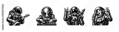 Black and white vector illustrations of astronauts playing guitar djing and singing