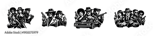Black and white silhouette vector illustrations of retro gangster figures
