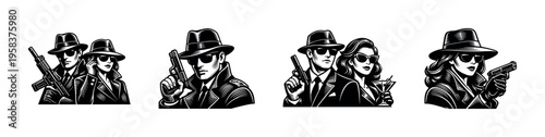 Black and white silhouette of stylish secret agents, vector illustration, spy theme