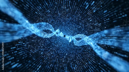 Abstract digital art shows a blue swirl of data and code, converging in a vortex