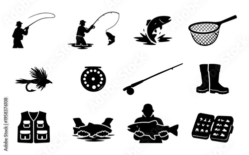 Fly Fishing Silhouettes Set - Angler, Rod, Reel, Net and Equipment Icons