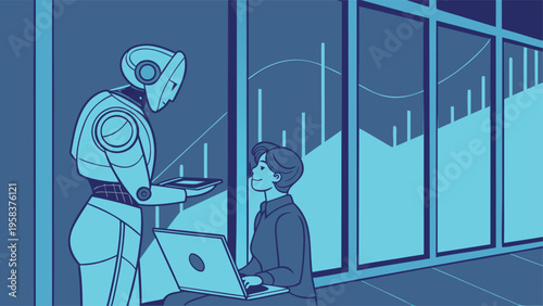 Future Technology  Business Data and Robotic Interaction Illustration