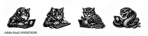 Black and white vector illustration of animals with laptops in hoodies