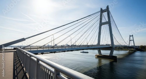 Large cable-stayed bridge over a river with a boat sailing underneath on a sunny day with a clear blue sky and a walkway in the foreground
