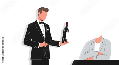 Waiter presenting a bottle of wine to a customer.
