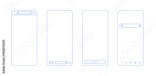 Browser window outline set for mobile phone. Browser screen mockup with navigation line icons Screen frame with arrow and menu icons and search, vector illustration.