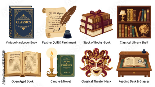 A vector illustration of a classic library scene with vintage hardcover book, feather quill, stack of books, and reading desk, showcasing a theatrical mask.