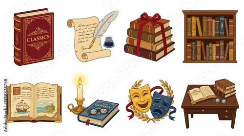 A vector illustration of classic literature items on a desk with books and theater masks.