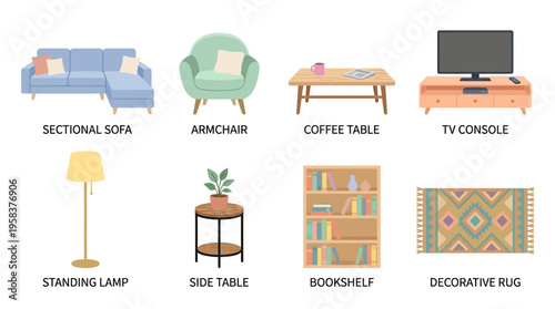 A vector illustration of a living room with a blue sectional sofa, green armchair, wooden coffee table, TV console, standing lamp, side table, bookshelf, and decorative rug.
