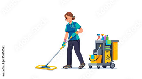 Woman cleaning floor with mop and cart.