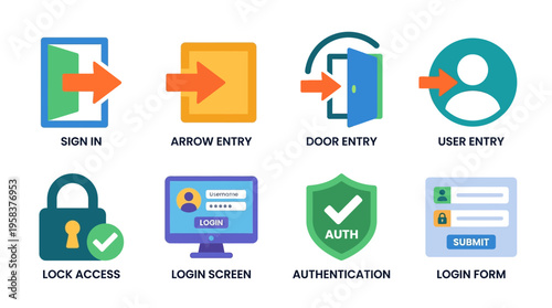 Secure vector login process with authentication and user access icons on screen