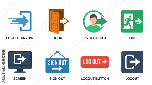Vector graphics display various logout icons on screen with door and exit signs.