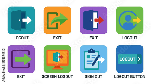 Vector icons of various colorful logout and exit buttons on screen