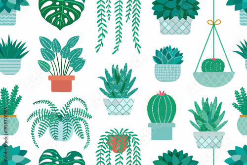 A colorful repeating pattern of various potted houseplants and succulents