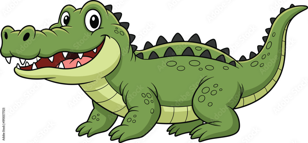 Obraz premium Cute crocodile cartoon character smiling friendly reptile animal mascot green alligator vector illustration isolated design