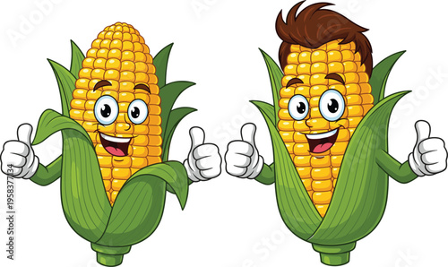 Cute corn characters with thumbs up cartoon maize mascots smiling funny vegetable food vector illustration set