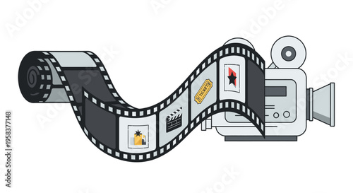 Film reel with camera and movie icons isolated on white background