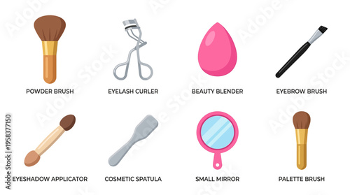 Vector illustration of various makeup tools and cosmetics laid out neatly on a surface for beauty routines.