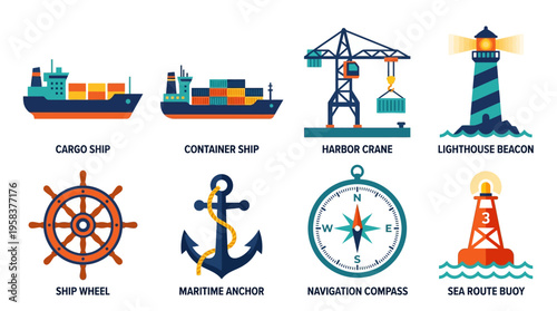 Vector illustration of various nautical icons including cargo ship, container ship, and lighthouse on a coastal scene with harbor crane and navigation tools.