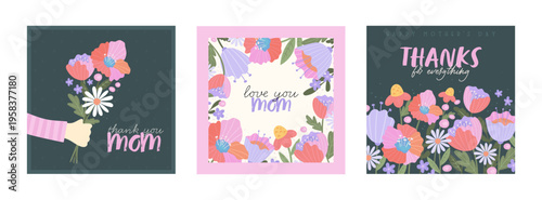 Lovely hand drawn Mother's Day designs, cute flowers and handwriting - great for cards, invitations, gifts, banners - vector designs