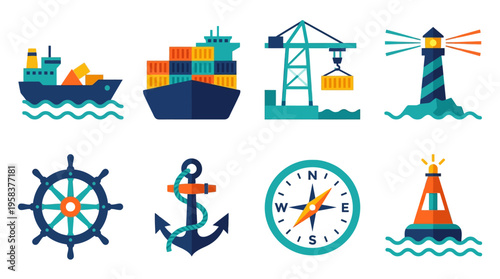 Vector graphics of various nautical icons including ships and lighthouses on water