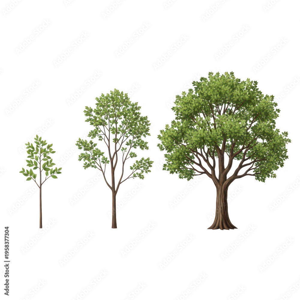 Obraz premium Three stages of tree growth depicted in a single illustration isolated on transparent background