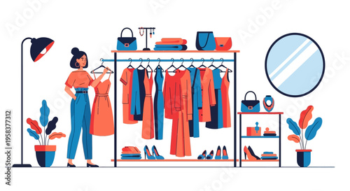 Woman choosing dress from clothing rack.