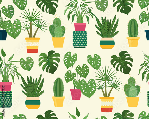 A vibrant seamless pattern featuring various potted houseplants and cacti