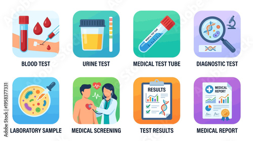Medical vector illustration set of various diagnostic tests and laboratory procedures in a modern clinic