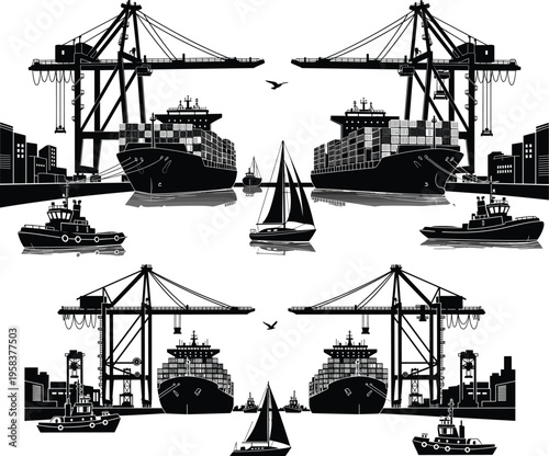 Black silhouette cargo port scene with container ships, cranes, boats and harbor skyline, global shipping industry logistics transportation maritime trade concept
