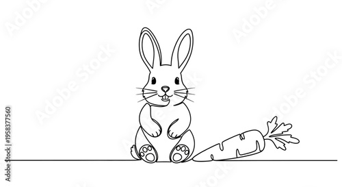 Cute cartoon bunny rabbit with a carrot, simple line drawing, white background