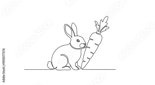 Minimalist single line drawing of a cute rabbit with a carrot on white background.