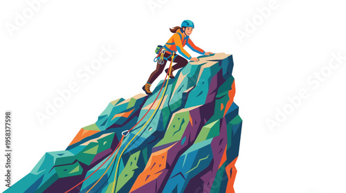 Woman Climber Reaching Summit of Colorful Mountain Peak.